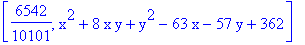 [6542/10101, x^2+8*x*y+y^2-63*x-57*y+362]